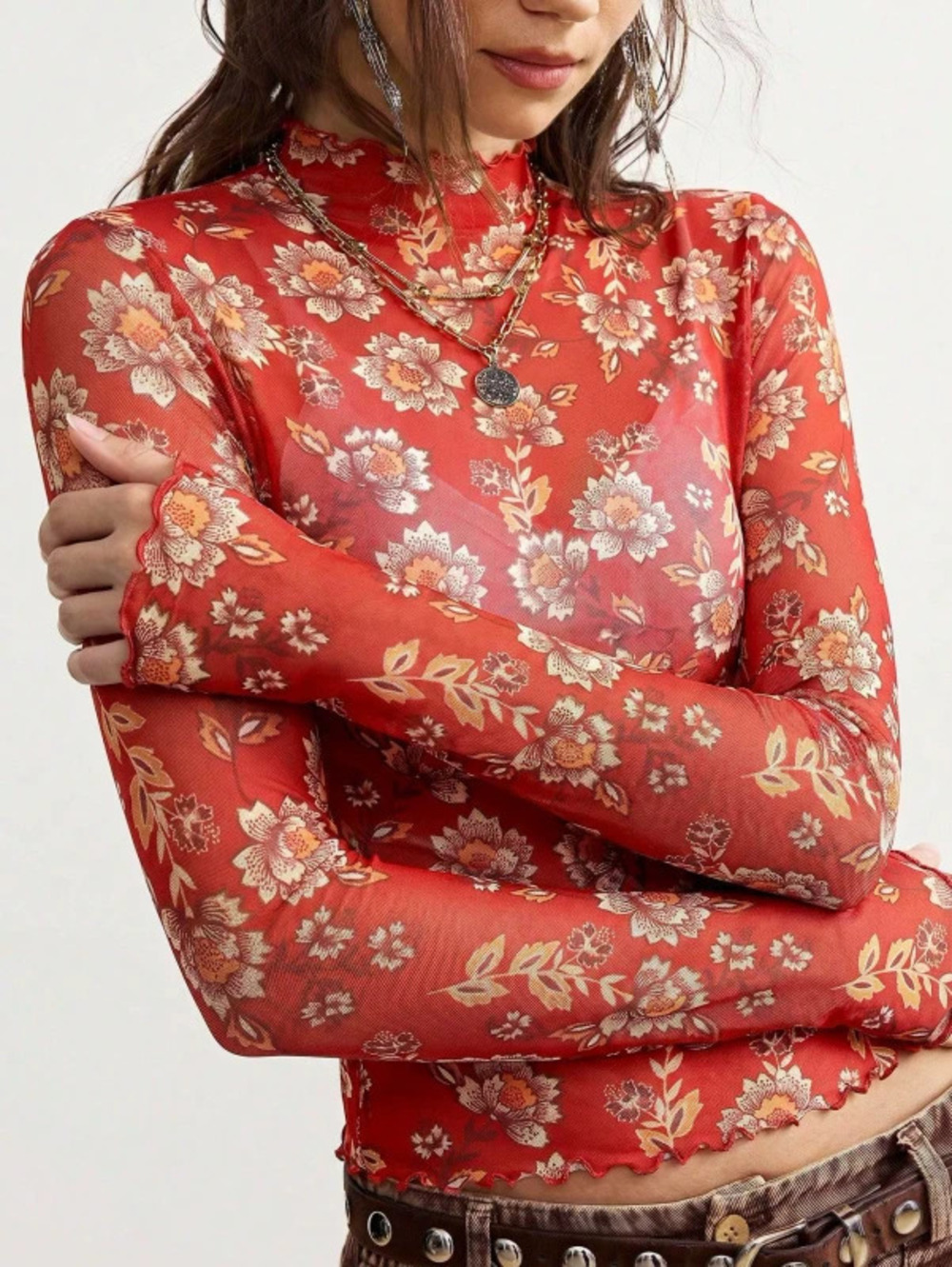Vintage Floral Print Mesh Long Sleeve Slim Fit Top Women Fall